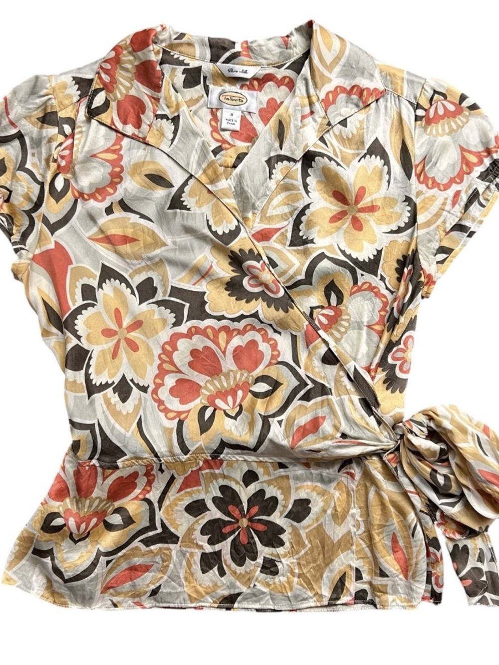 Vintage Talbots Pure Silk Floral Short Sleeve Wrap Peplum Blouse Sz Petite